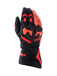 Alpinestars SP-9 Gloves, Racing and Sport Motorcycle Gloves, Black and Red Fluo, full-grain goat leather construction featuring SP-R divided TPU knuckle protection, perforated backhand for airflow, long cuff with bold red branding, high-performance protective gear for sport riding.