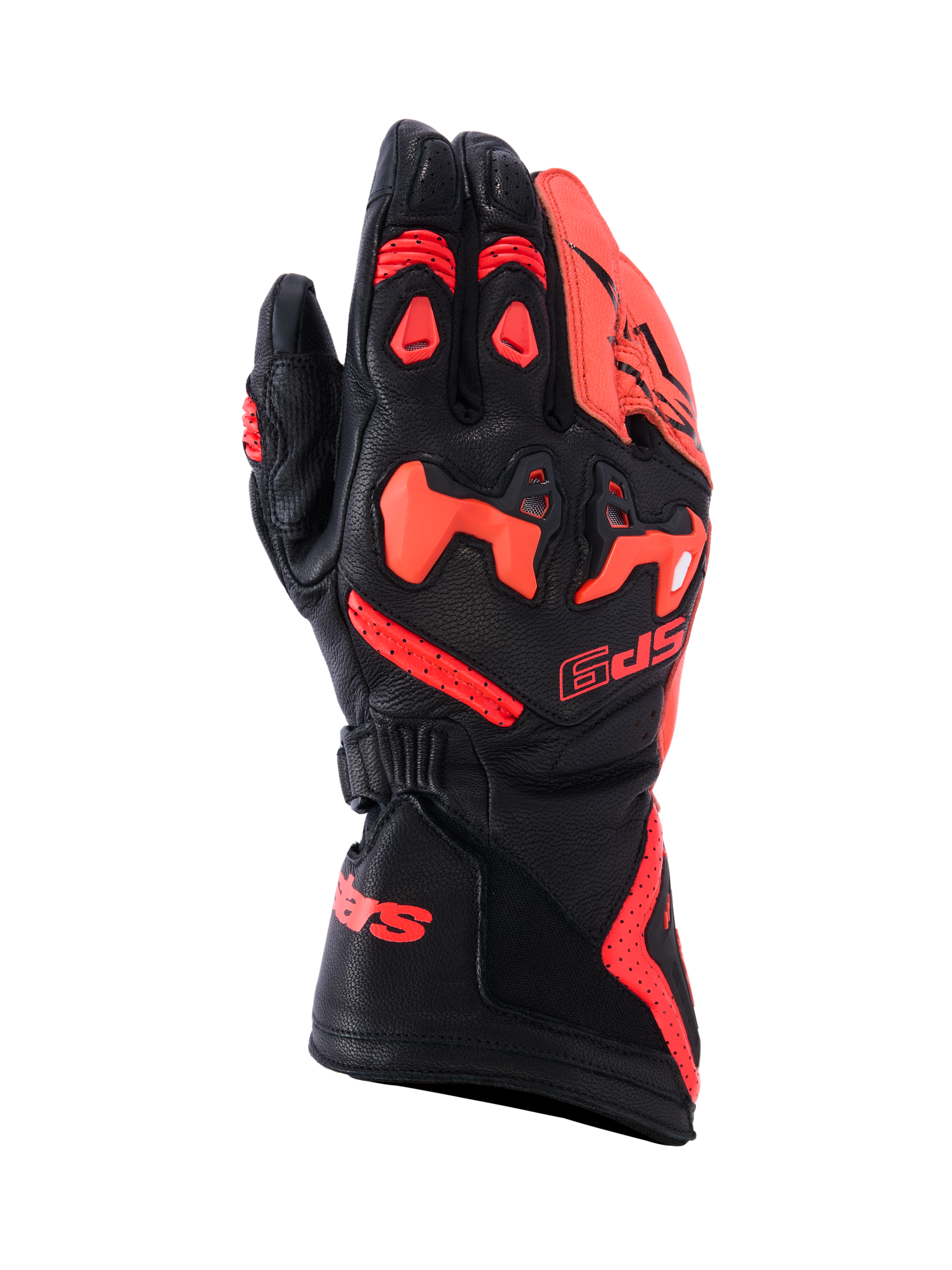 Alpinestars SP-9 Gloves, Racing and Sport Motorcycle Gloves, Black and Red Fluo, full-grain goat leather construction featuring SP-R divided TPU knuckle protection, perforated backhand for airflow, long cuff with bold red branding, high-performance protective gear for sport riding.
