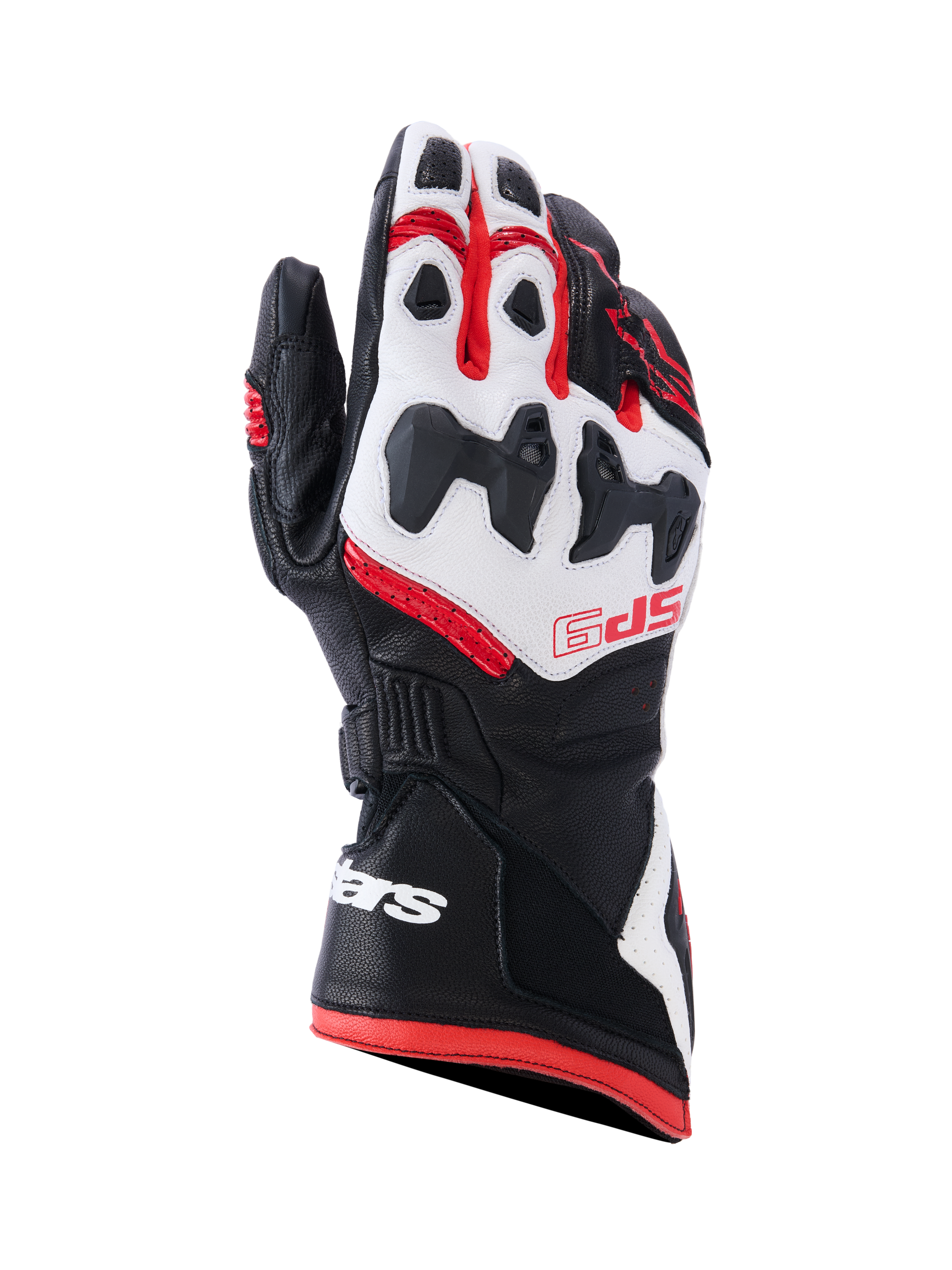 Alpinestars SP-9 Gloves, Motorcycle Racing Gloves, Black White and Bright Red, featuring SP-R divided knuckle protection, perforated goat leather, red SP-9 branding on the backhand, and white logo on the long dual-closure cuff.