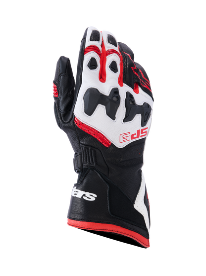 Alpinestars SP-9 Gloves, Motorcycle Racing Gloves, Black White and Bright Red, featuring SP-R divided knuckle protection, perforated goat leather, red SP-9 branding on the backhand, and white logo on the long dual-closure cuff.