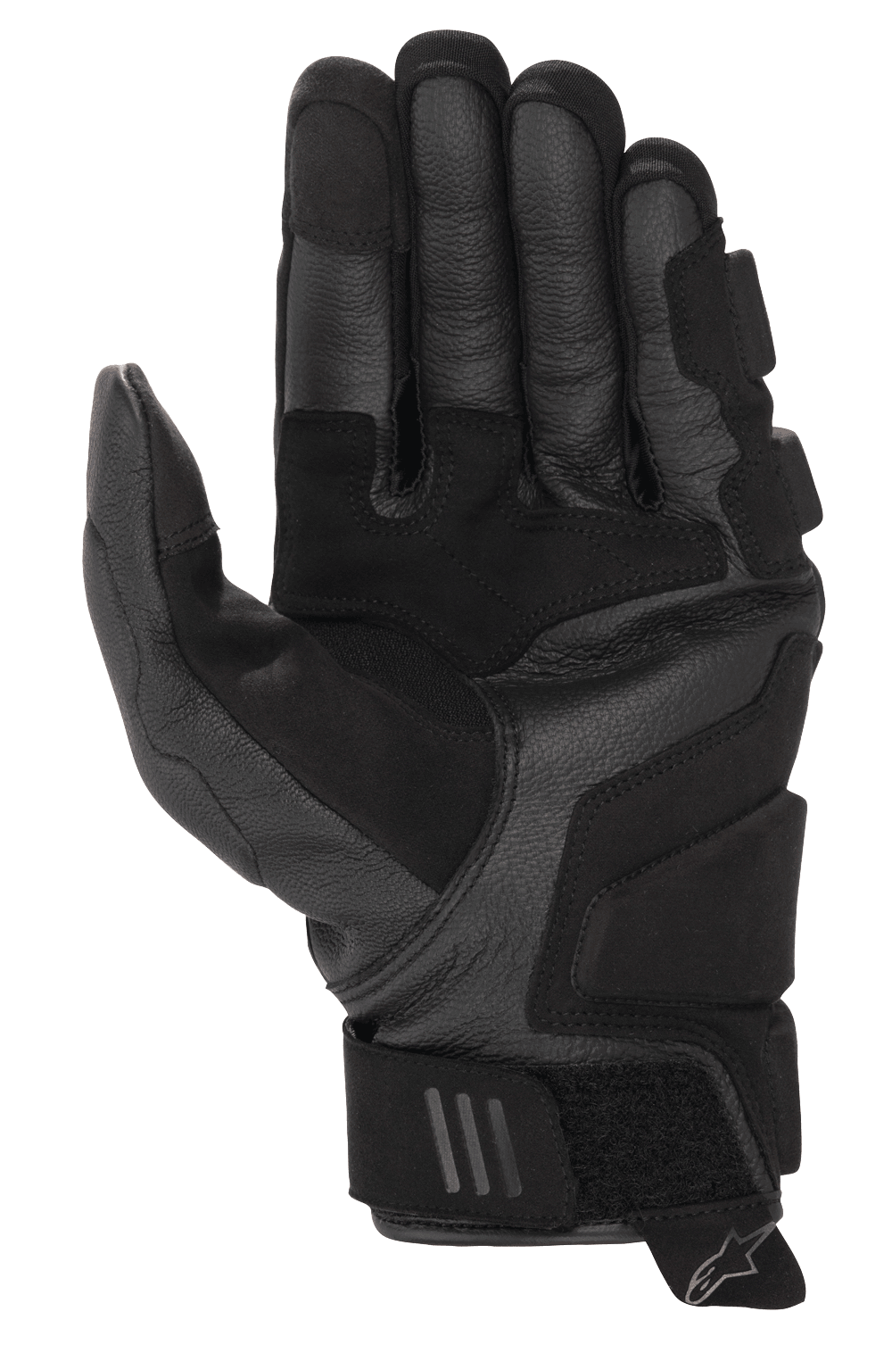 Alpinestars Phenom Leather Gloves, Motorcycle Gloves, Black, palm view featuring reinforced goat leather construction, padded landing zones, and short cuff design with adjustable wrist strap and Alpinestars logo pull tab