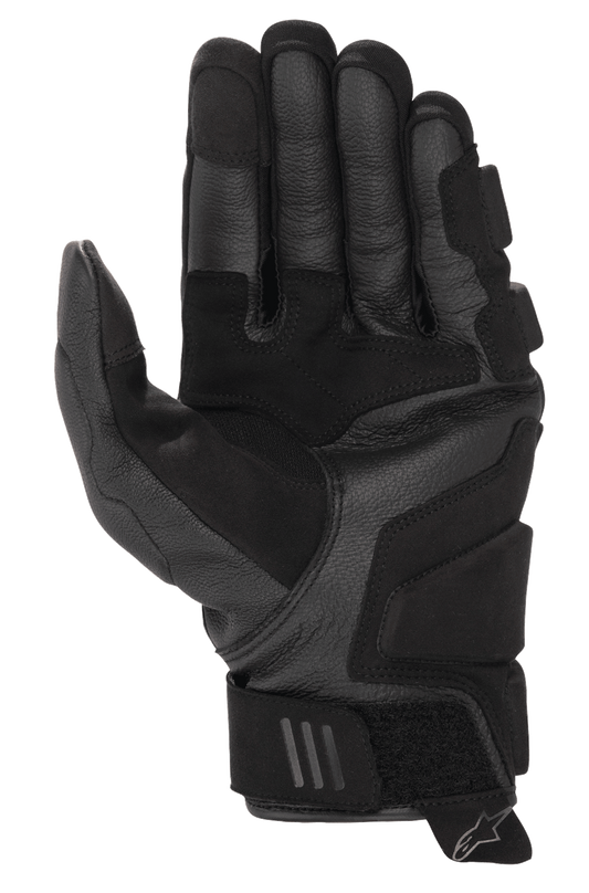 Alpinestars Phenom Leather Gloves, Motorcycle Gloves, Black, palm view featuring reinforced goat leather construction, padded landing zones, and short cuff design with adjustable wrist strap and Alpinestars logo pull tab