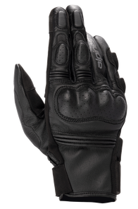 Alpinestars Phenom Leather Gloves, Motorcycle Riding Gloves, Black, top view showing perforated hard knuckle protection, reinforced fingers, accordion stretch inserts, and premium goat leather construction.