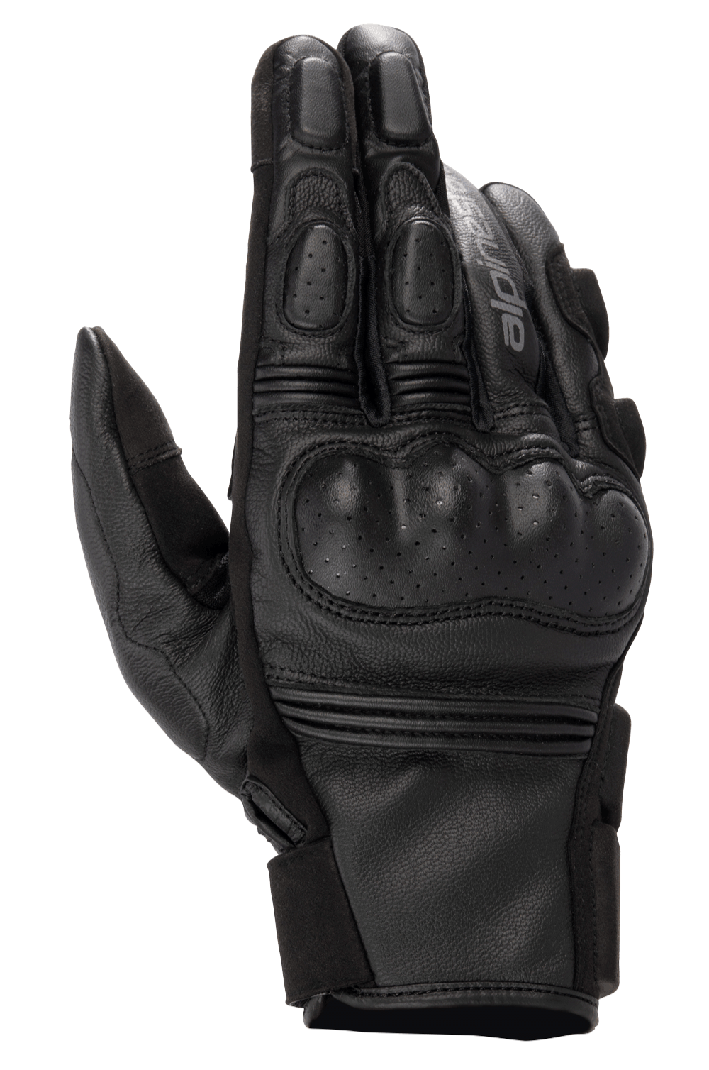 Alpinestars Phenom Leather Gloves, Motorcycle Riding Gloves, Black, top view showing perforated hard knuckle protection, reinforced fingers, accordion stretch inserts, and premium goat leather construction.