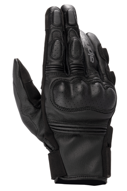 Alpinestars Phenom Leather Gloves, Motorcycle Riding Gloves, Black, top view showing perforated hard knuckle protection, reinforced fingers, accordion stretch inserts, and premium goat leather construction.