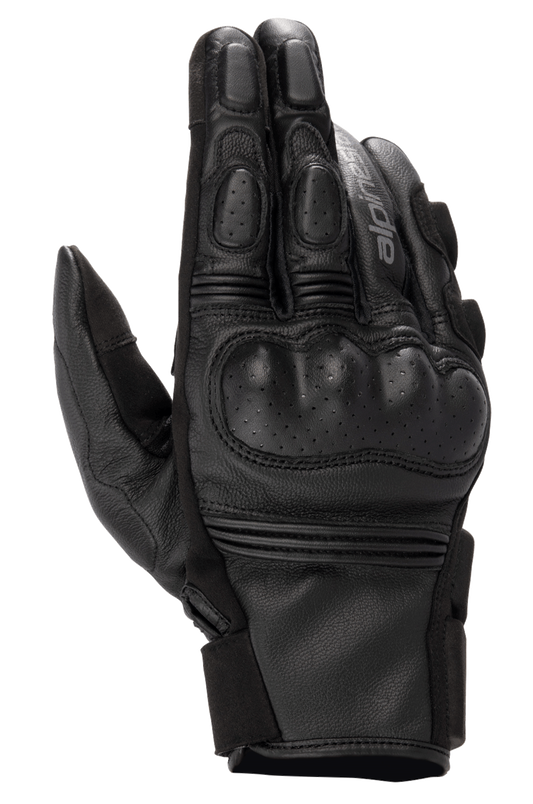 Alpinestars Phenom Leather Gloves, Motorcycle Riding Gloves, Black, top view showing perforated hard knuckle protection, reinforced fingers, accordion stretch inserts, and premium goat leather construction.