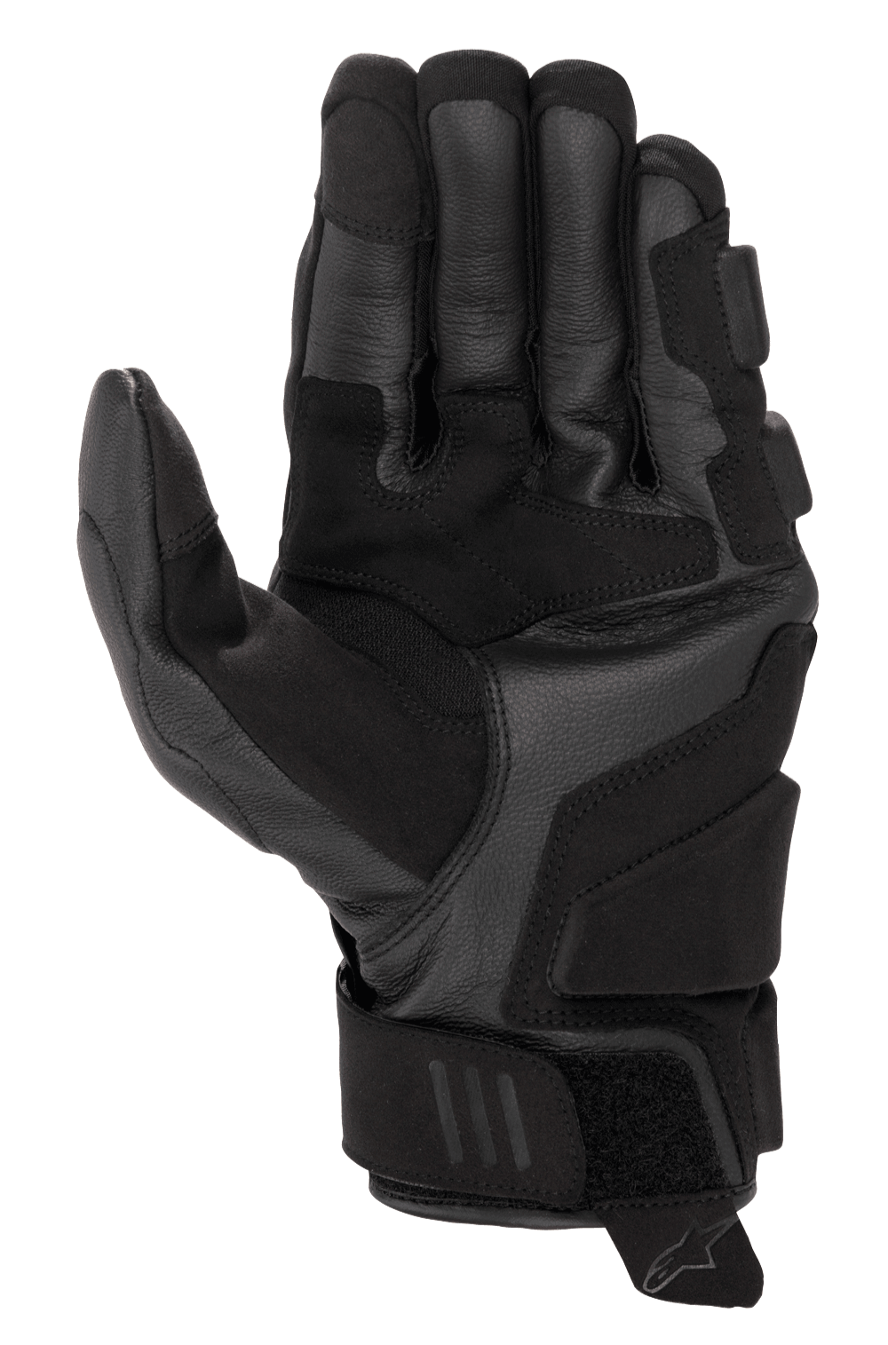 Alpinestars Phenom Leather Gloves, Motorcycle Gloves, Black, palm and side view showing premium goat leather construction, reinforced side hand and landing zones, short cuff with hook-and-loop closure, touchscreen-compatible fingertips, sport performance riding gear