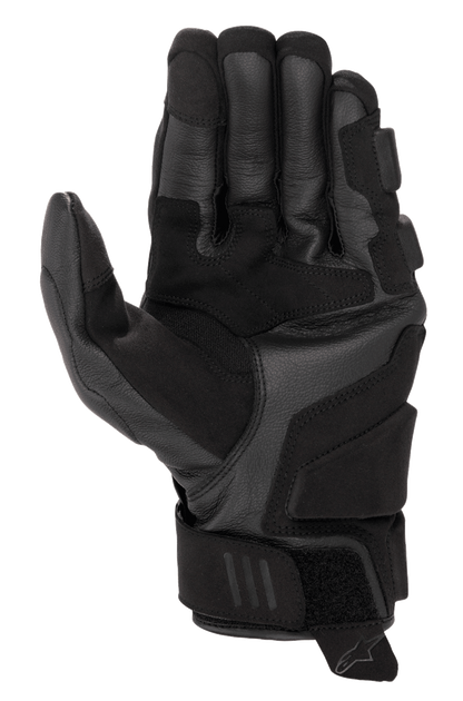 Alpinestars Phenom Leather Gloves, Motorcycle Gloves, Black, palm and side view showing premium goat leather construction, reinforced side hand and landing zones, short cuff with hook-and-loop closure, touchscreen-compatible fingertips, sport performance riding gear