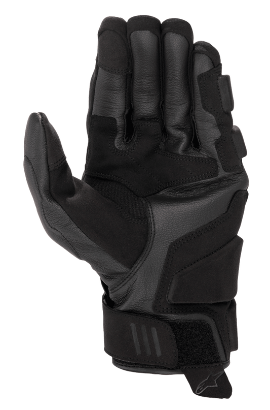 Alpinestars Phenom Leather Gloves, Motorcycle Gloves, Black, palm and side view showing premium goat leather construction, reinforced side hand and landing zones, short cuff with hook-and-loop closure, touchscreen-compatible fingertips, sport performance riding gear