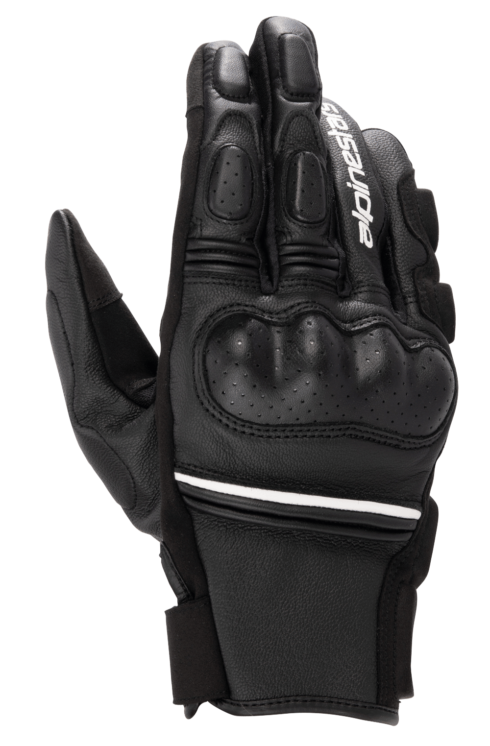 Alpinestars Phenom Leather Gloves, Black and White, short-cuff motorcycle gloves with hard knuckle protection, perforated leather details, white Alpinestars branding on the index finger, and white stripe accent at the wrist