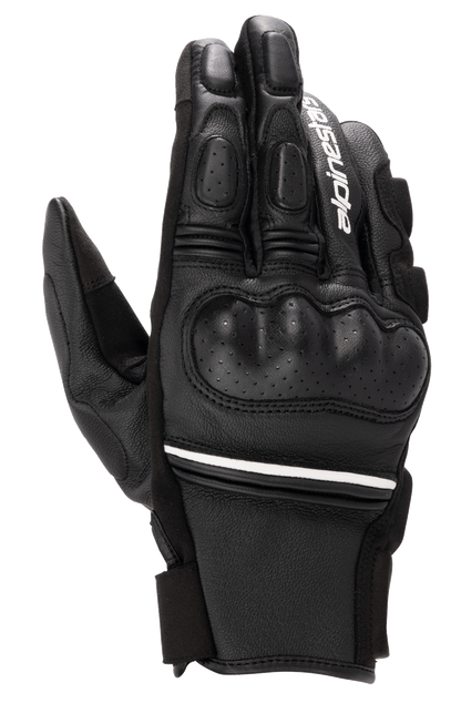 Alpinestars Phenom Leather Gloves, Black and White, short-cuff motorcycle gloves with hard knuckle protection, perforated leather details, white Alpinestars branding on the index finger, and white stripe accent at the wrist