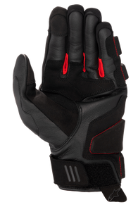Alpinestars Phenom Leather Gloves, Motorcycle Gloves, Black and Bright Red, palm side view showing premium goat leather, red fabric between fingers, reinforced impact zones, and adjustable velcro wrist closure