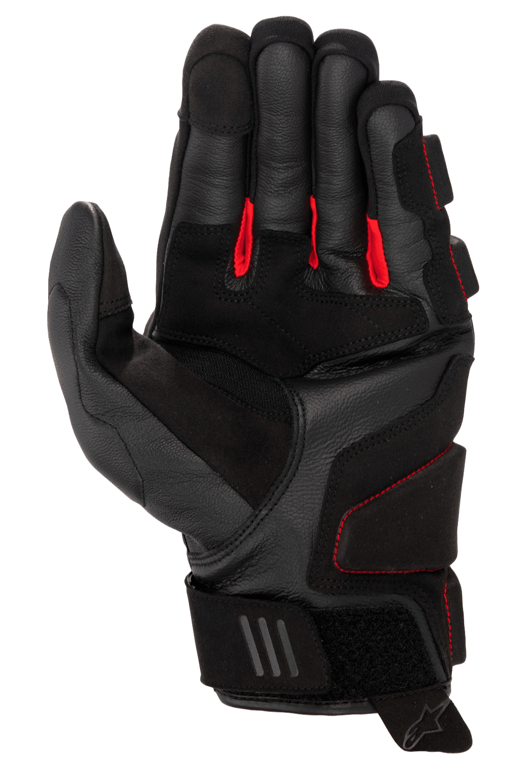 Alpinestars Phenom Leather Gloves, Motorcycle Gloves, Black and Bright Red, palm side view showing premium goat leather, red fabric between fingers, reinforced impact zones, and adjustable velcro wrist closure