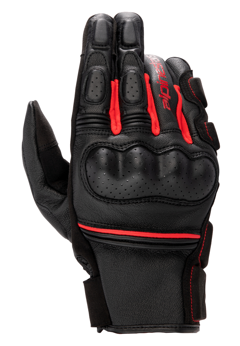 Alpinestars Phenom Leather Gloves, Motorcycle Racing Gloves, Black and Bright Red, perforated hard knuckle guard, premium goat leather construction, red accordion stretch inserts, and Alpinestars branding on the side.