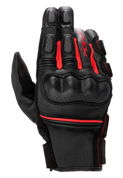 Alpinestars Phenom Leather Gloves, Motorcycle Racing Gloves, Black and Bright Red, perforated hard knuckle guard, premium goat leather construction, red accordion stretch inserts, and Alpinestars branding on the side.