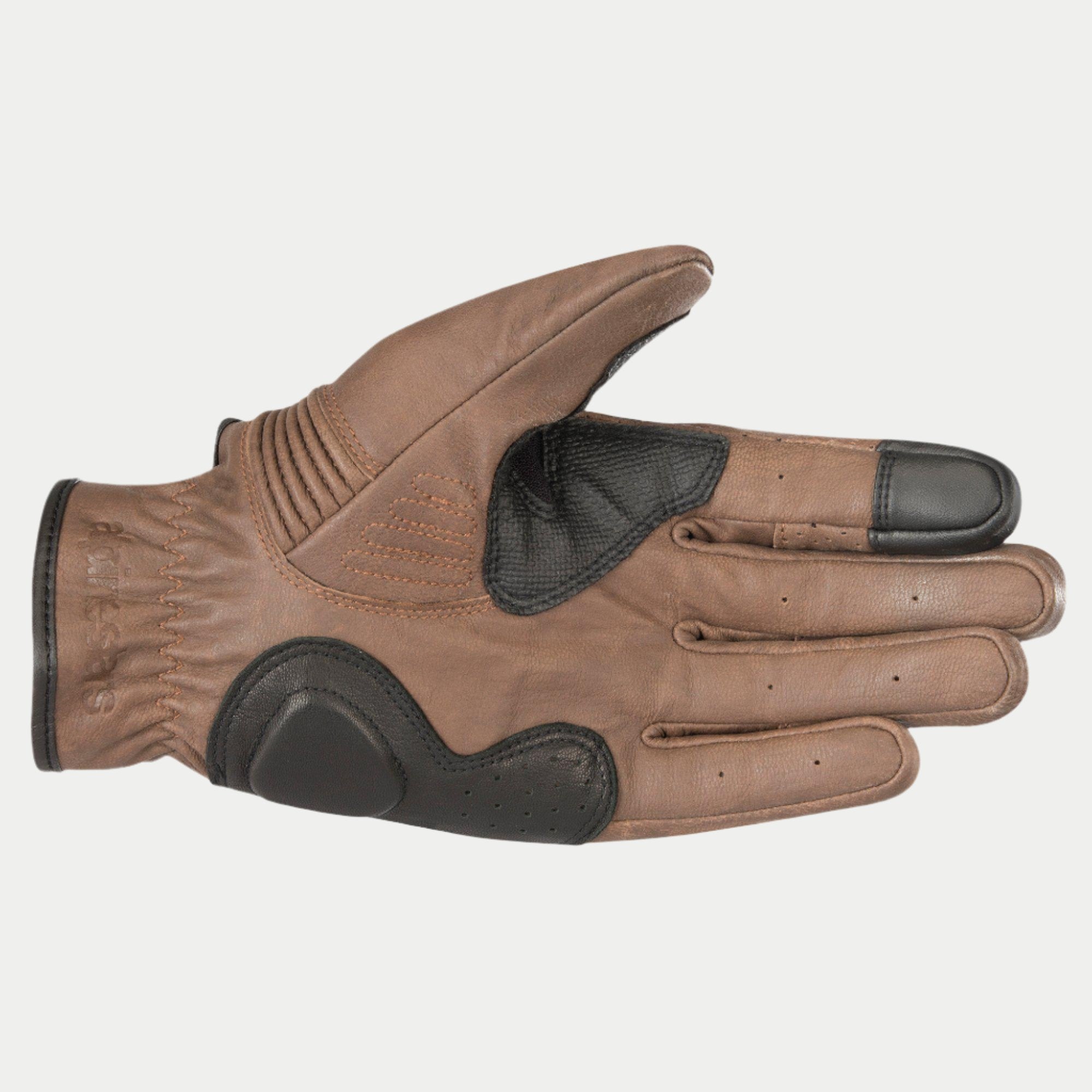 Alpinestars Crazy Eight Gloves, Brown and Black leather motorcycle gloves, palm side view, featuring black reinforced grip panels on the thumb and palm, touchscreen-compatible index fingertip, perforated leather detailing, and embossed logo on the cuff, heritage-inspired urban riding gear