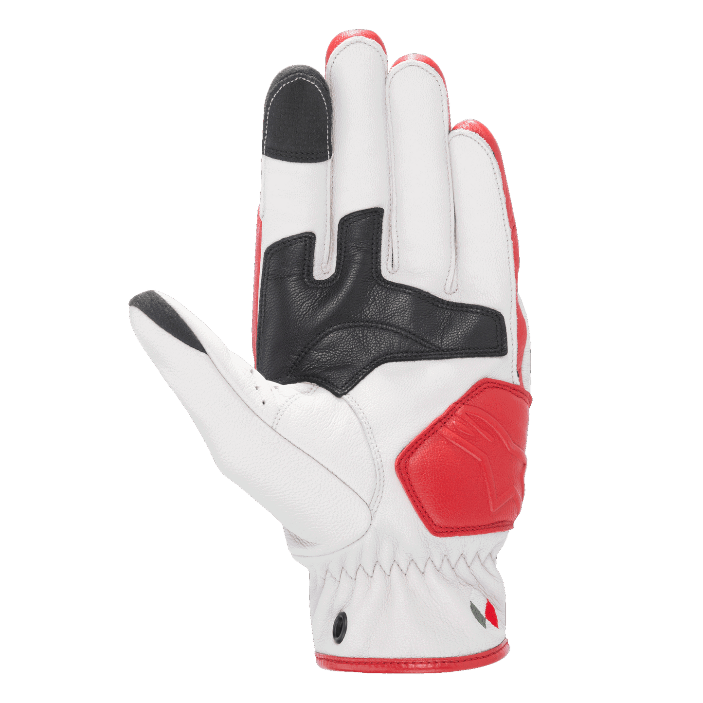 Alpinestars Dyno Leather Gloves, Leather Motorcycle Gloves, Ecru and Ruby Red, palm side view featuring black leather reinforcements, red padded landing zone, touchscreen-compatible fingertips on index and thumb, durable goat leather construction for urban riding.