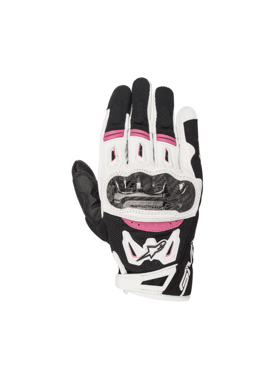 Alpinestars Stella SMX-2 Air Carbon V2 Women's Motorcycle Gloves, black/white/fuchsia, featuring carbon knuckle protection.