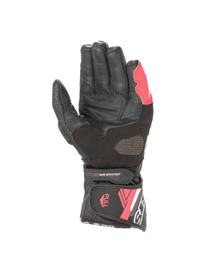 Alpinestars Stella SP-8 V3 Women's Racing Gloves, Black and Diva Pink, leather palm view with secure hook and loop cuff.