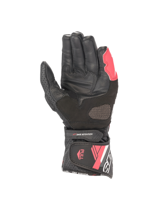 Alpinestars Stella SP-8 V3 Women's Racing Gloves, Black and Diva Pink, leather palm view with secure hook and loop cuff.