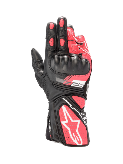 Alpinestars Stella SP-8 V3 Women's Motorcycle Gloves, Black and Diva Pink leather with hard knuckle protection and white accents.