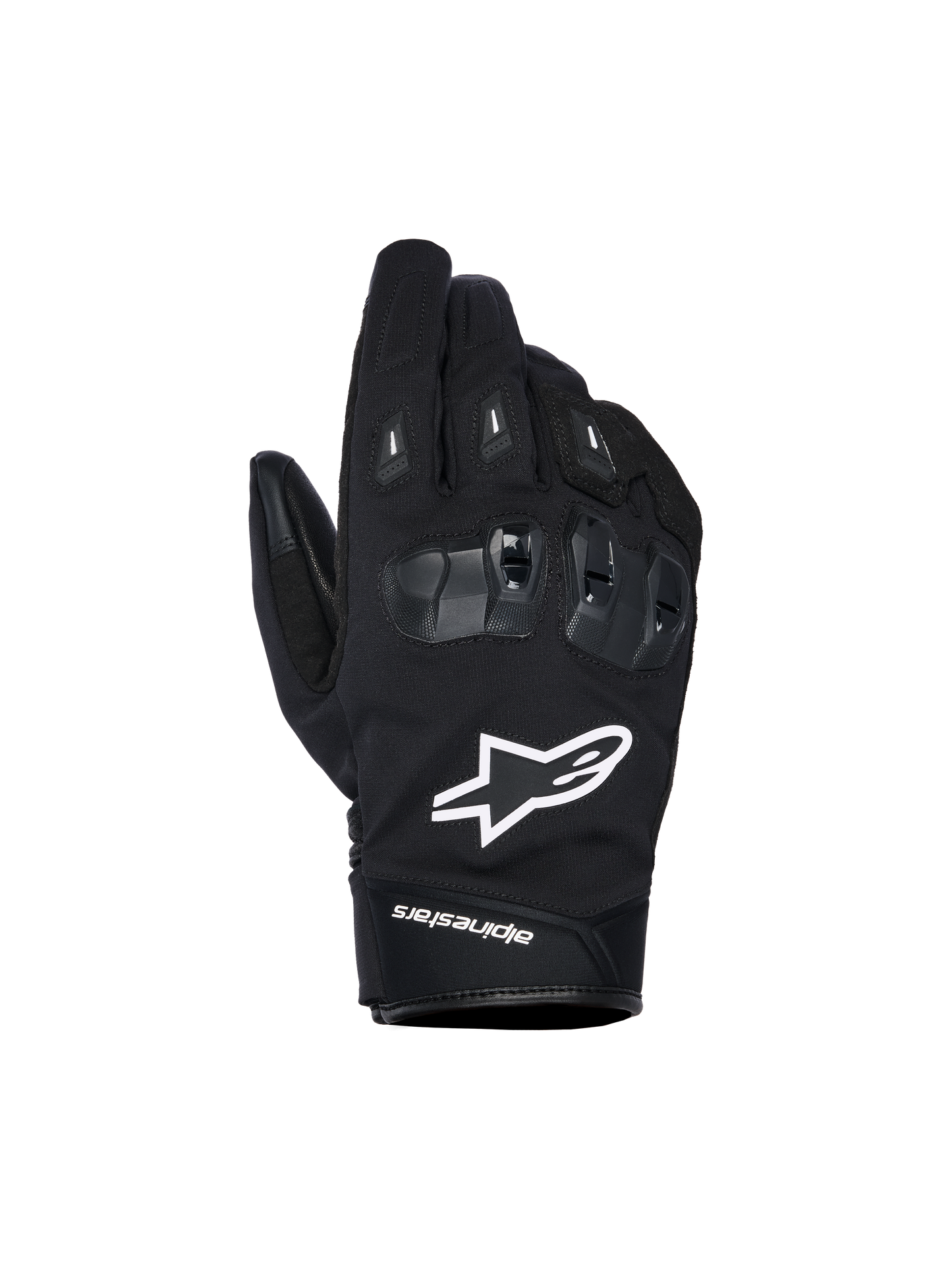 Alpinestars SP X Z Waterproof Gloves, Black motorcycle gloves with white star logo, featuring textured SP X TPU knuckle protection with glossy black segments, sleek street design with reinforced stitching, waterproof construction for all-weather riding