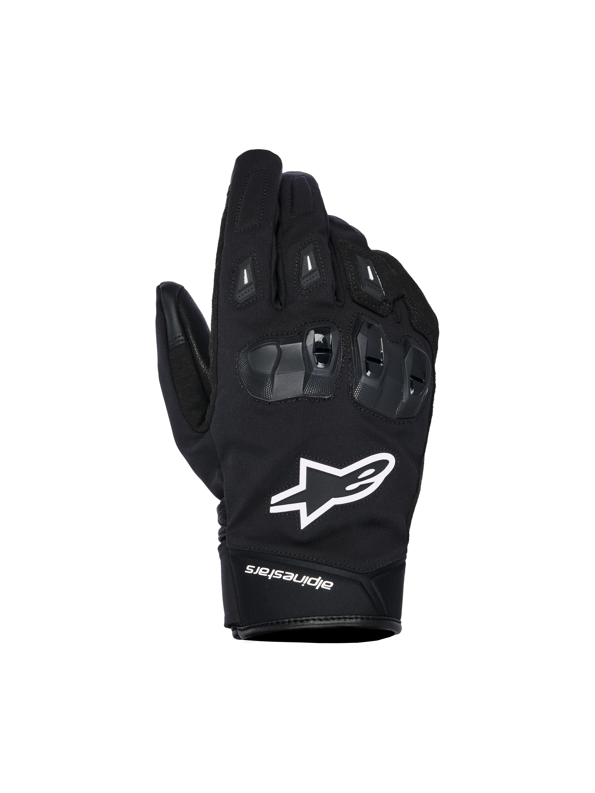 Alpinestars SP X Z Waterproof Gloves, Black motorcycle gloves with white star logo, featuring textured SP X TPU knuckle protection with glossy black segments, sleek street design with reinforced stitching, waterproof construction for all-weather riding