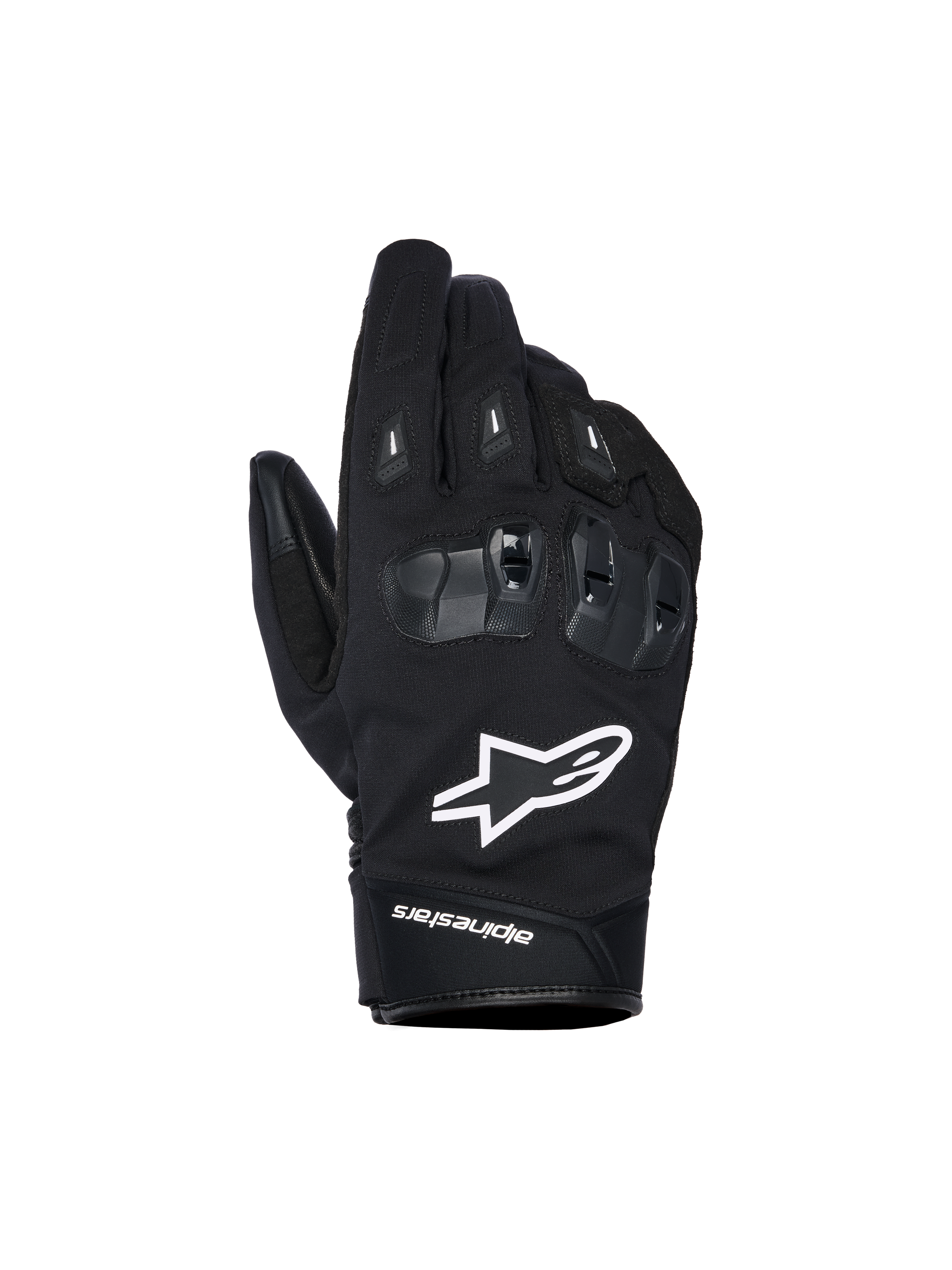 Alpinestars SP X Z Waterproof Gloves, Black motorcycle gloves with white star logo, featuring textured SP X TPU knuckle protection with glossy black segments, sleek street design with reinforced stitching, waterproof construction for all-weather riding