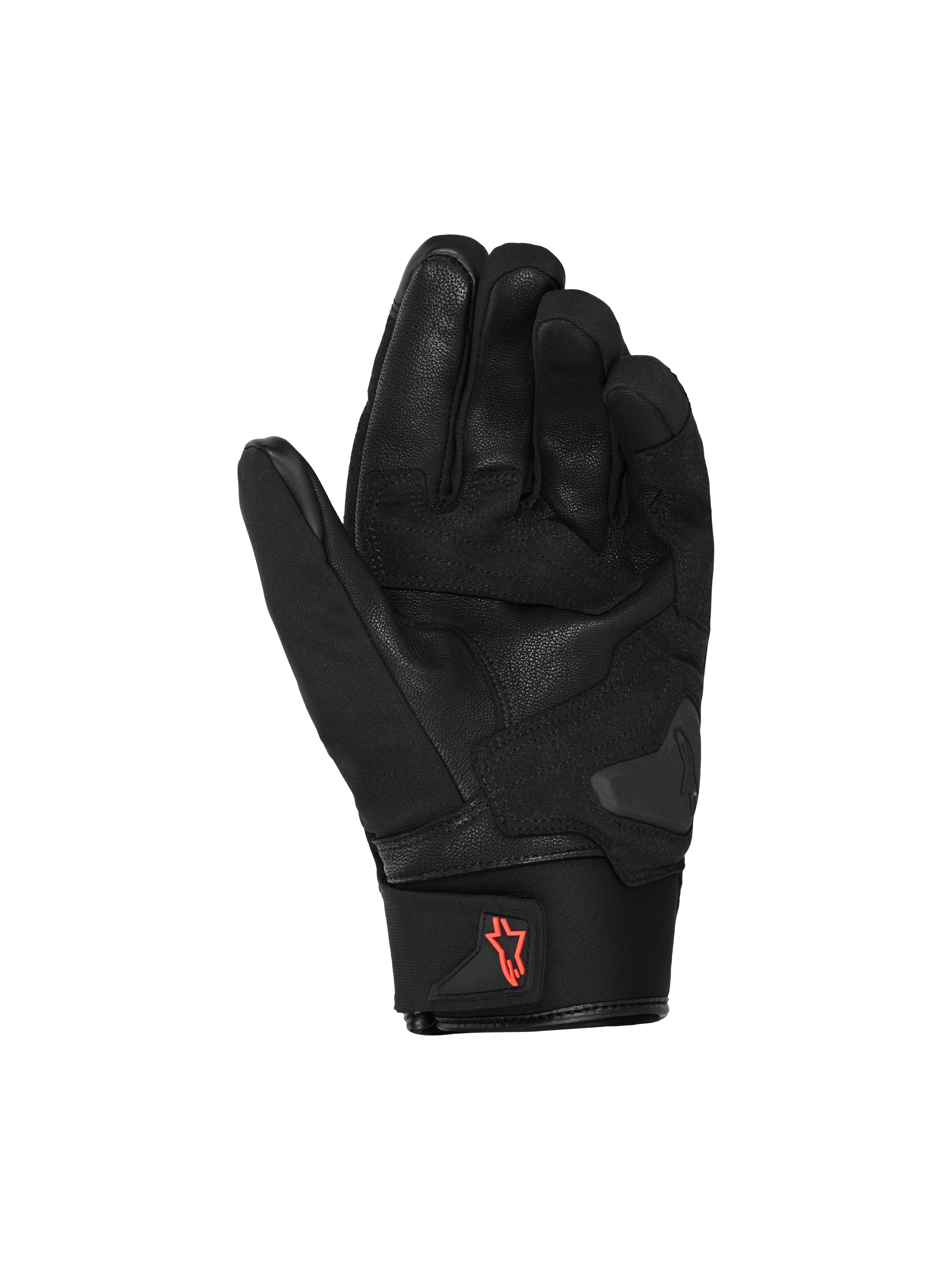 Alpinestars SP X Z Waterproof Gloves, Motorcycle Gloves, Black with Red Fluo logo, palm view showing leather construction and reinforced grip areas, neoprene cuff with pull tab, high-performance street riding gear