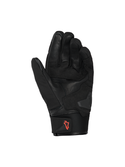 Alpinestars SP X Z Waterproof Gloves, Motorcycle Gloves, Black with Red Fluo logo, palm view showing leather construction and reinforced grip areas, neoprene cuff with pull tab, high-performance street riding gear