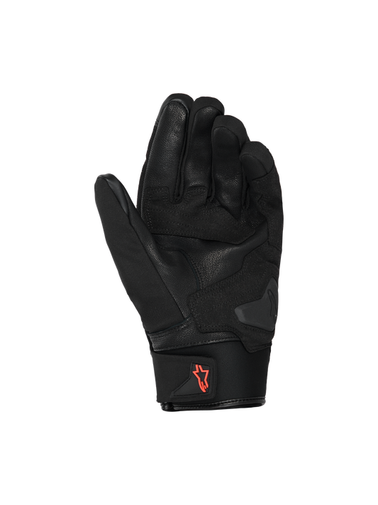 Alpinestars SP X Z Waterproof Gloves, Motorcycle Gloves, Black with Red Fluo logo, palm view showing leather construction and reinforced grip areas, neoprene cuff with pull tab, high-performance street riding gear