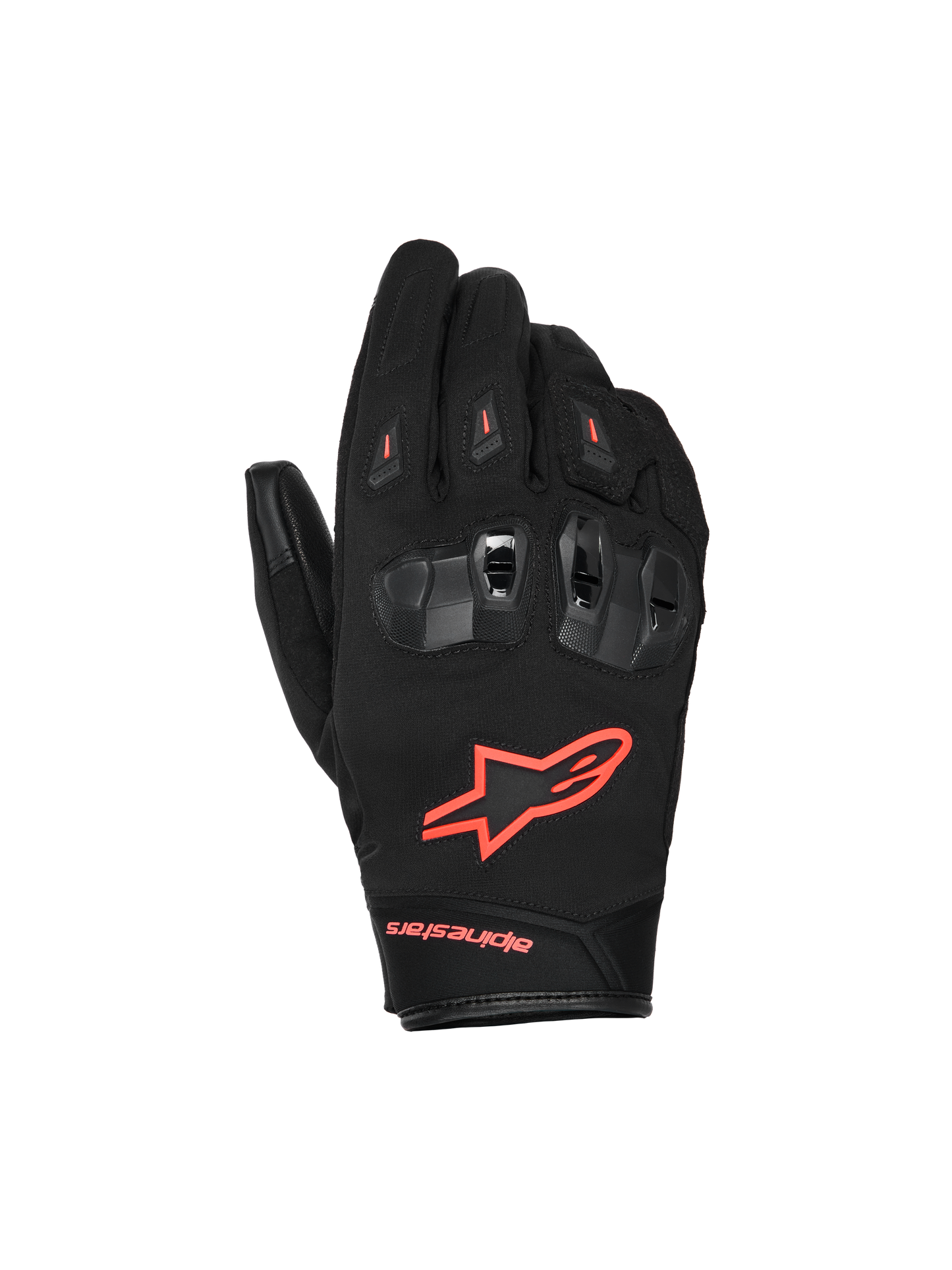 Alpinestars SP X Z Waterproof Gloves, Motorcycle Gloves, Black and Red Fluo, featuring divided TPU knuckle protectors with ventilation, bright red fluo logo on the back of the hand, and durable textile and leather construction for all-weather performance.