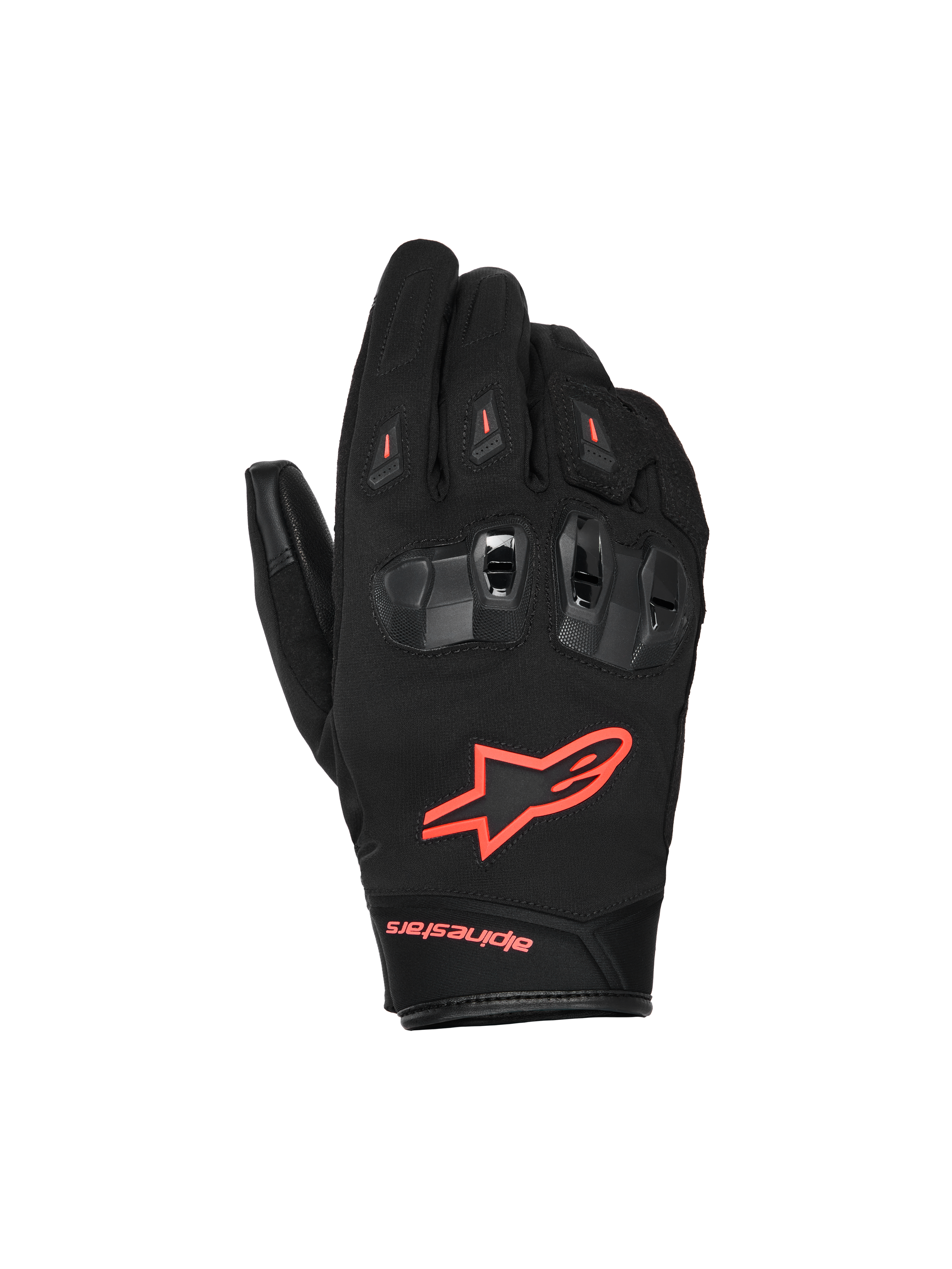 Alpinestars SP X Z Waterproof Gloves, Motorcycle Gloves, Black and Red Fluo, featuring divided TPU knuckle protectors with ventilation, bright red fluo logo on the back of the hand, and durable textile and leather construction for all-weather performance.