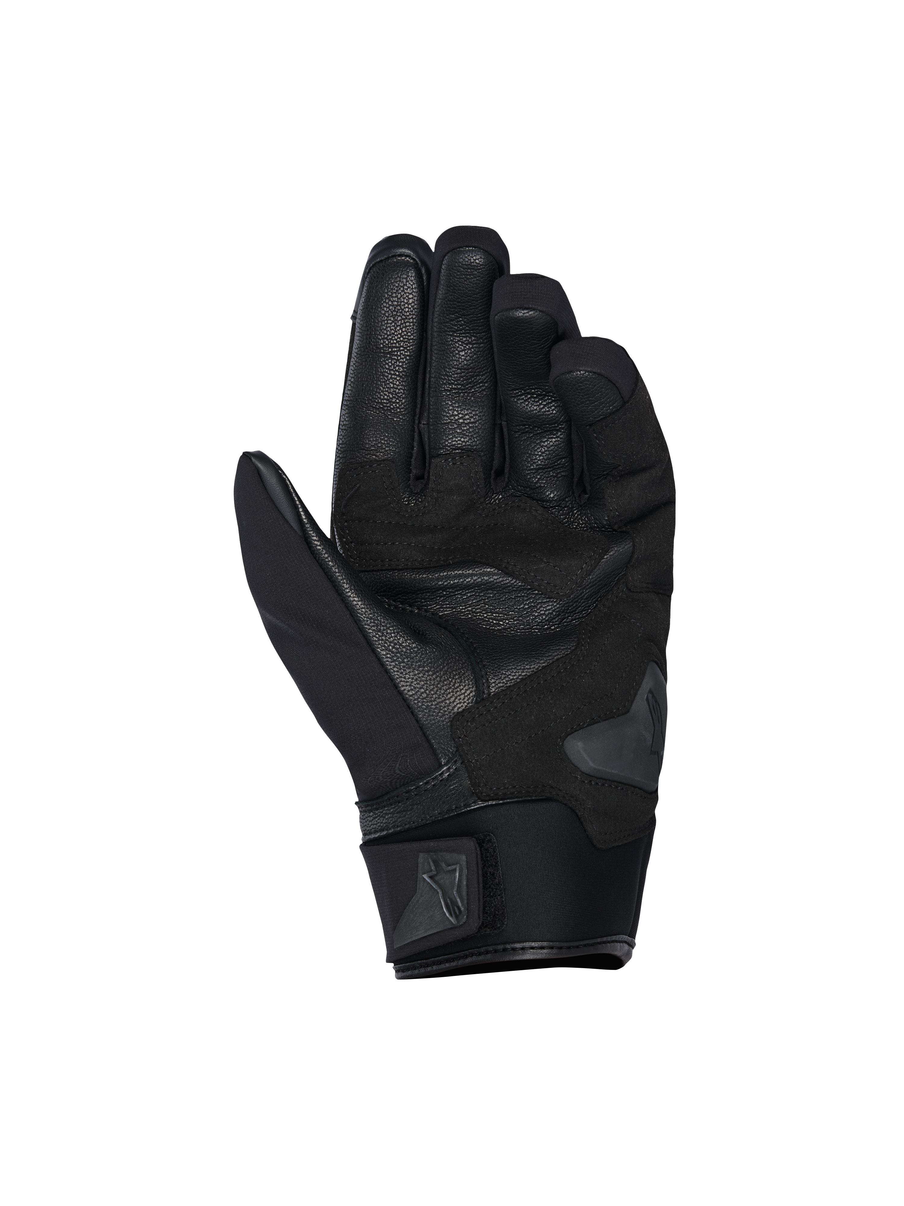 Alpinestars SP X Z Waterproof Gloves, Palm View, Black Black, featuring a durable leather palm with reinforced sections, palm slider, and a soft neoprene cuff with an adjustable Alpinestars logo strap.