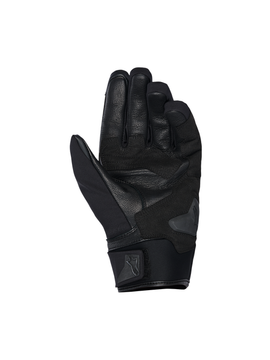 Alpinestars SP X Z Waterproof Gloves, Palm View, Black Black, featuring a durable leather palm with reinforced sections, palm slider, and a soft neoprene cuff with an adjustable Alpinestars logo strap.