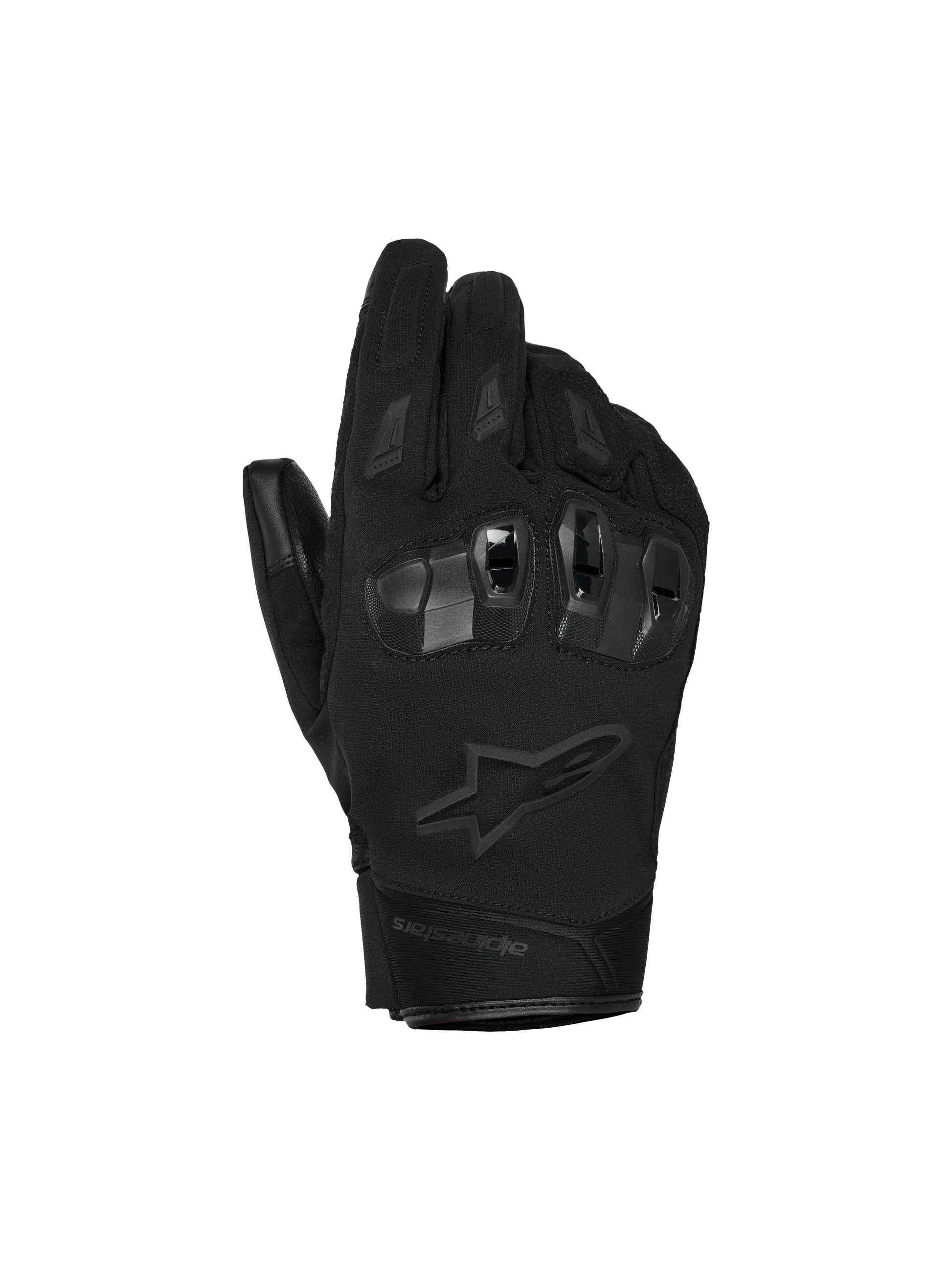 Alpinestars SP X Z Waterproof Gloves, Motorcycle Gloves, Black, featuring hard-shell TPU knuckle protection, tonal Alpinestars star logo, and durable textile construction for all-weather riding.