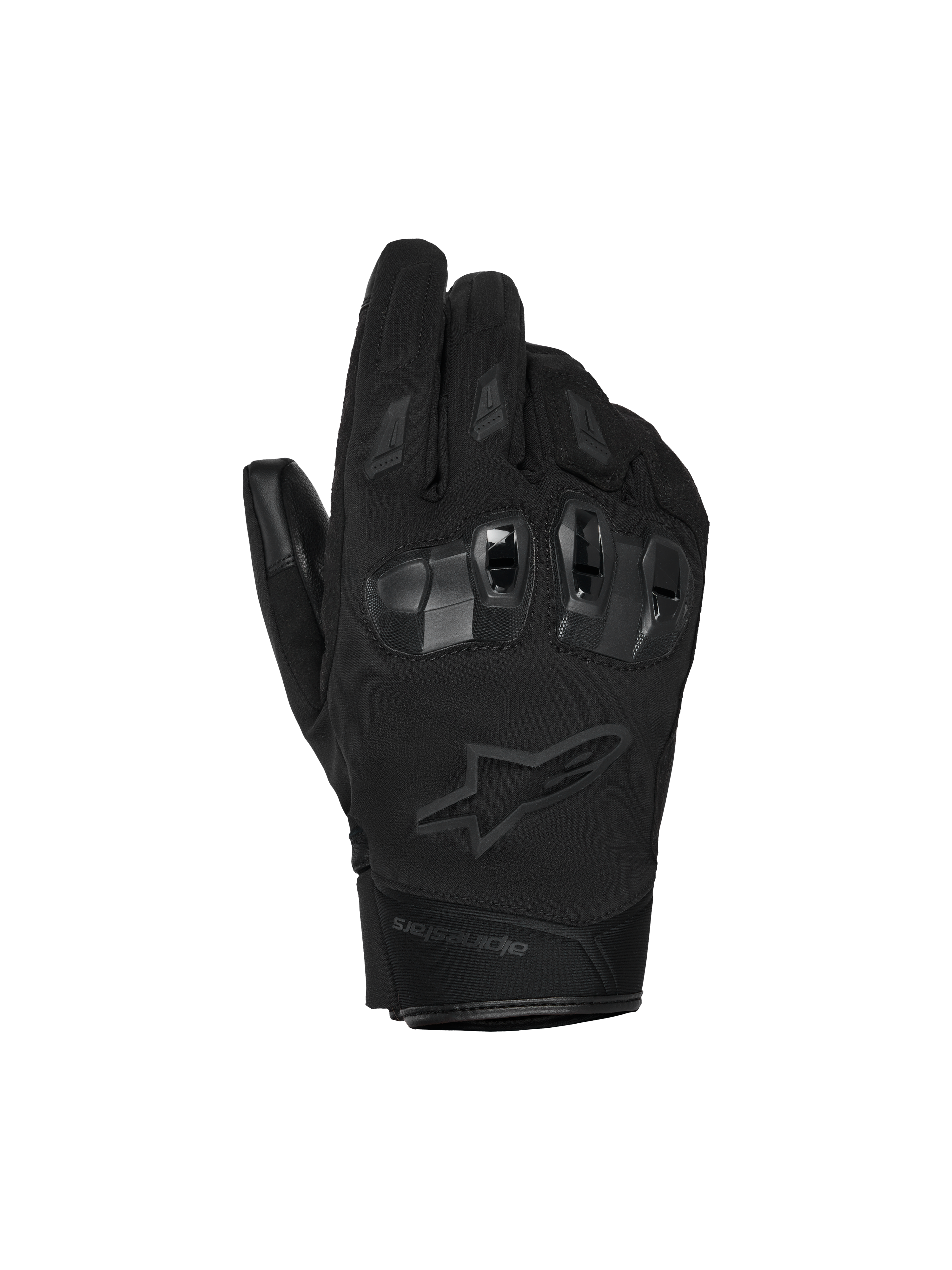 Alpinestars SP X Z Waterproof Gloves, Motorcycle Gloves, Black, featuring hard-shell TPU knuckle protection, tonal Alpinestars star logo, and durable textile construction for all-weather riding.