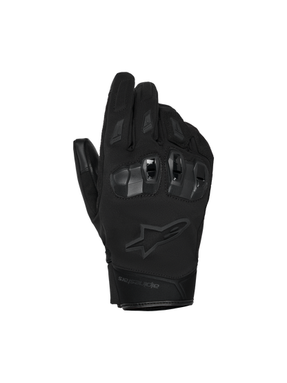 Alpinestars SP X Z Waterproof Gloves, Motorcycle Gloves, Black, featuring hard-shell TPU knuckle protection, tonal Alpinestars star logo, and durable textile construction for all-weather riding.