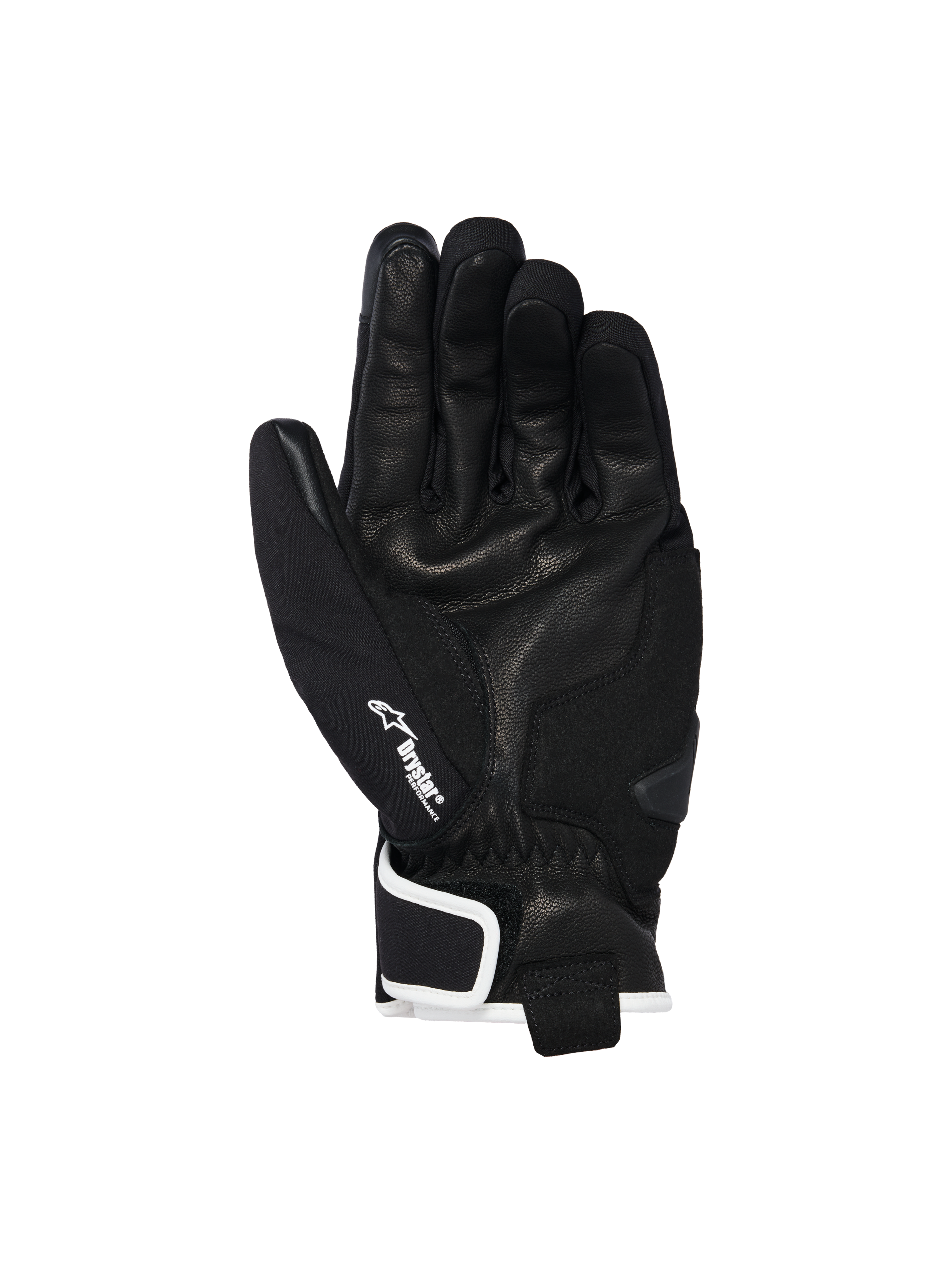 Alpinestars Moblast Waterproof Gloves, Black with Off-White trim, palm side view showing goat leather construction, white Drystar logo on the thumb, and palm slider reinforcement, short-cuff urban motorcycle gear