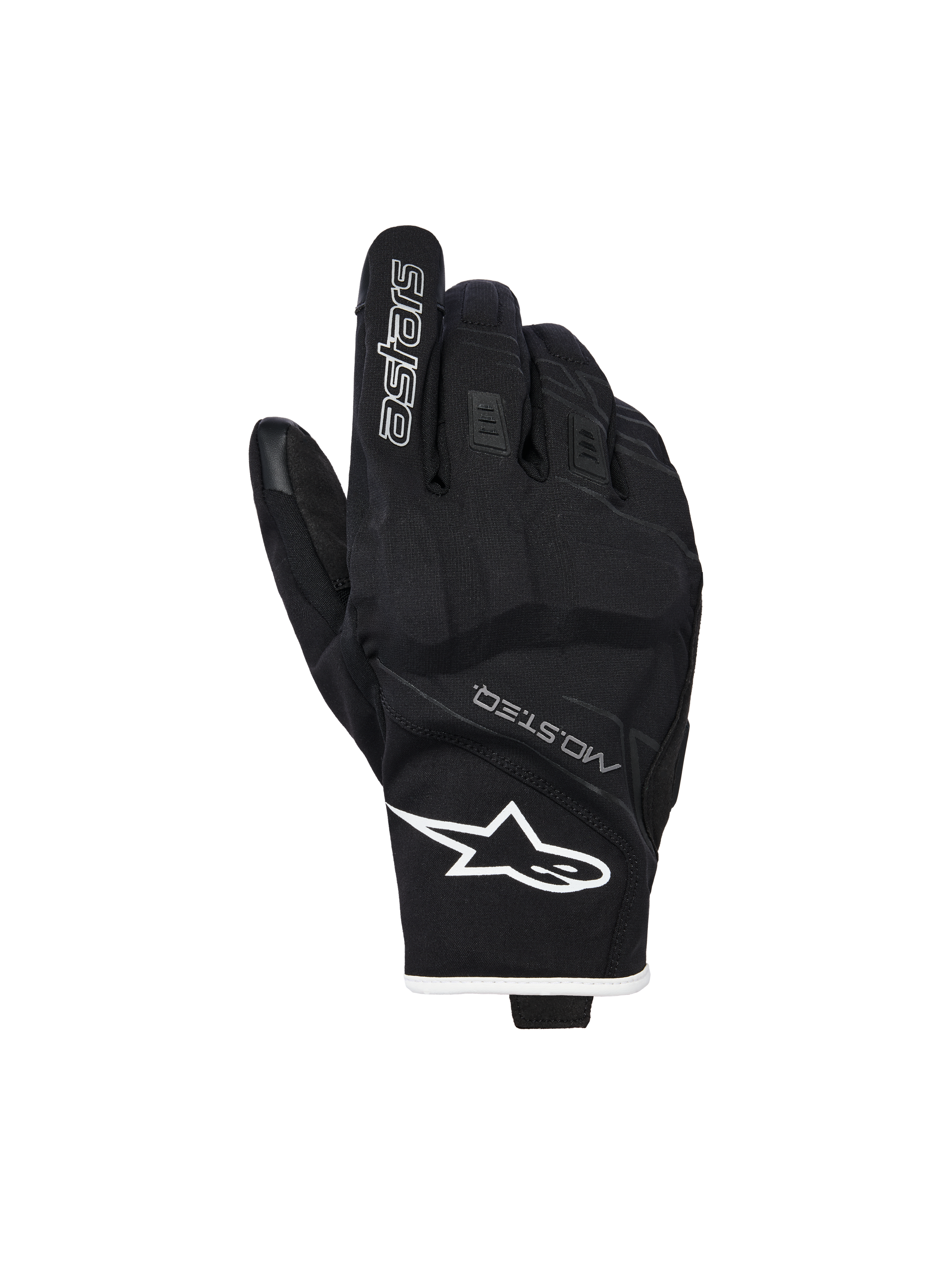 Alpinestars Moblast Waterproof Gloves, Motorcycle Gloves, Black and White, backhand view showing white star logo on the wrist and 'astars' branding on the index finger, featuring MO.ST.EQ. text and textured stretch material with reinforced knuckles, short-cuff design.