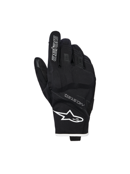 Alpinestars Moblast Waterproof Gloves, Motorcycle Gloves, Black and White, backhand view showing white star logo on the wrist and 'astars' branding on the index finger, featuring MO.ST.EQ. text and textured stretch material with reinforced knuckles, short-cuff design.