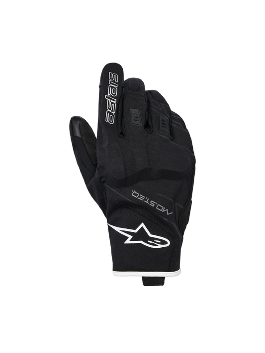 Alpinestars Moblast Waterproof Gloves, Motorcycle Gloves, Black and White, backhand view showing white star logo on the wrist and 'astars' branding on the index finger, featuring MO.ST.EQ. text and textured stretch material with reinforced knuckles, short-cuff design.
