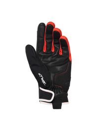 Alpinestars Moblast Waterproof Gloves, Black Anthracite Orange, palm view showing goat leather construction, featuring Drystar logo, vibrant orange accents between fingers, and short-cuff design with white-trimmed wrist closure