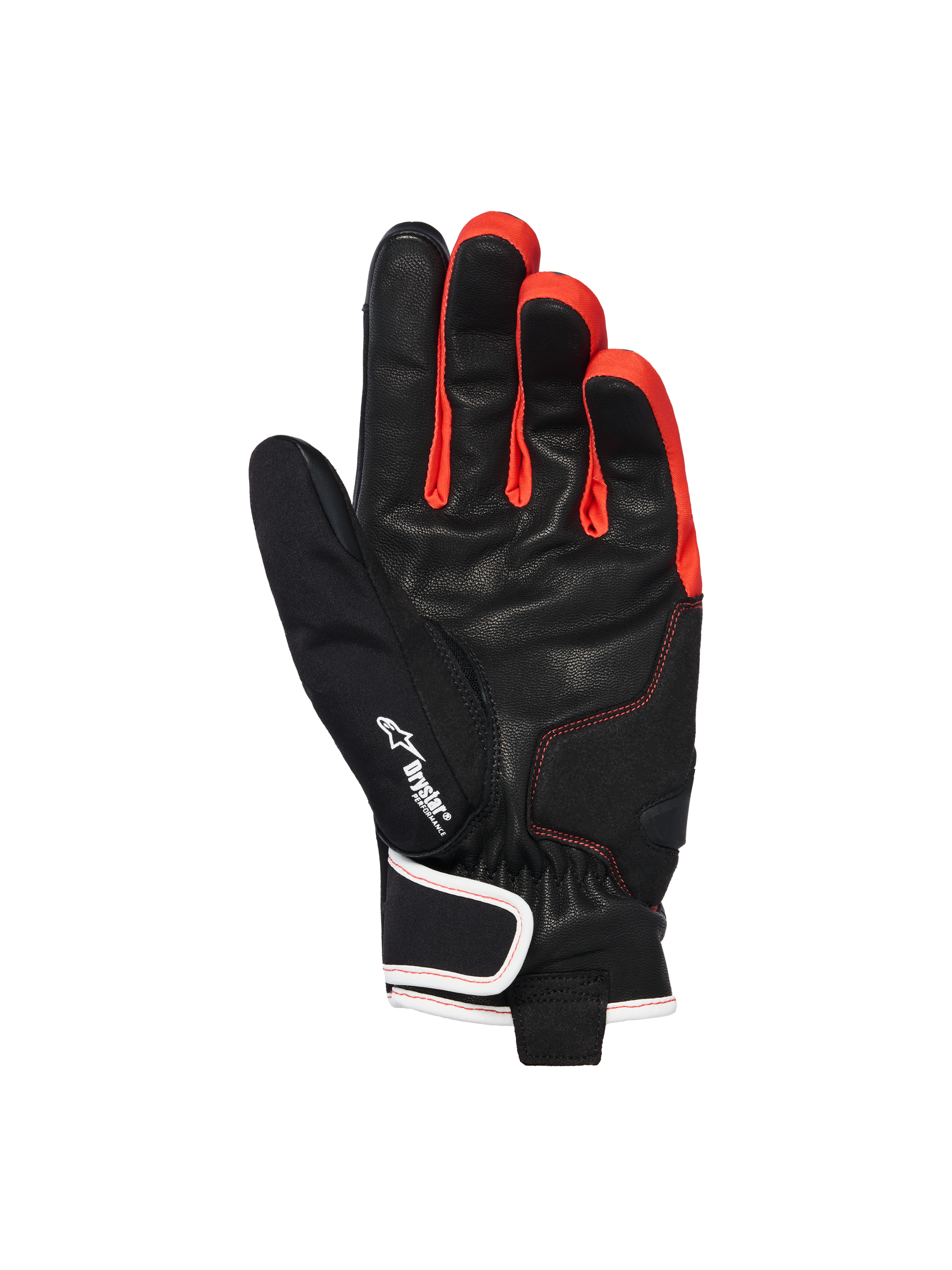 Alpinestars Moblast Waterproof Gloves, Black Anthracite Orange, palm view showing goat leather construction, featuring Drystar logo, vibrant orange accents between fingers, and short-cuff design with white-trimmed wrist closure