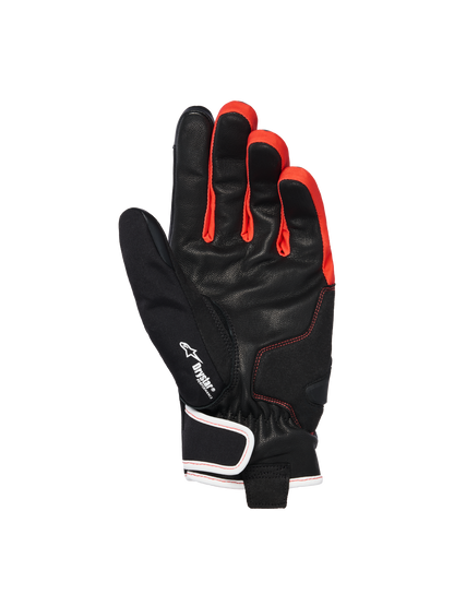 Alpinestars Moblast Waterproof Gloves, Black Anthracite Orange, palm view showing goat leather construction, featuring Drystar logo, vibrant orange accents between fingers, and short-cuff design with white-trimmed wrist closure