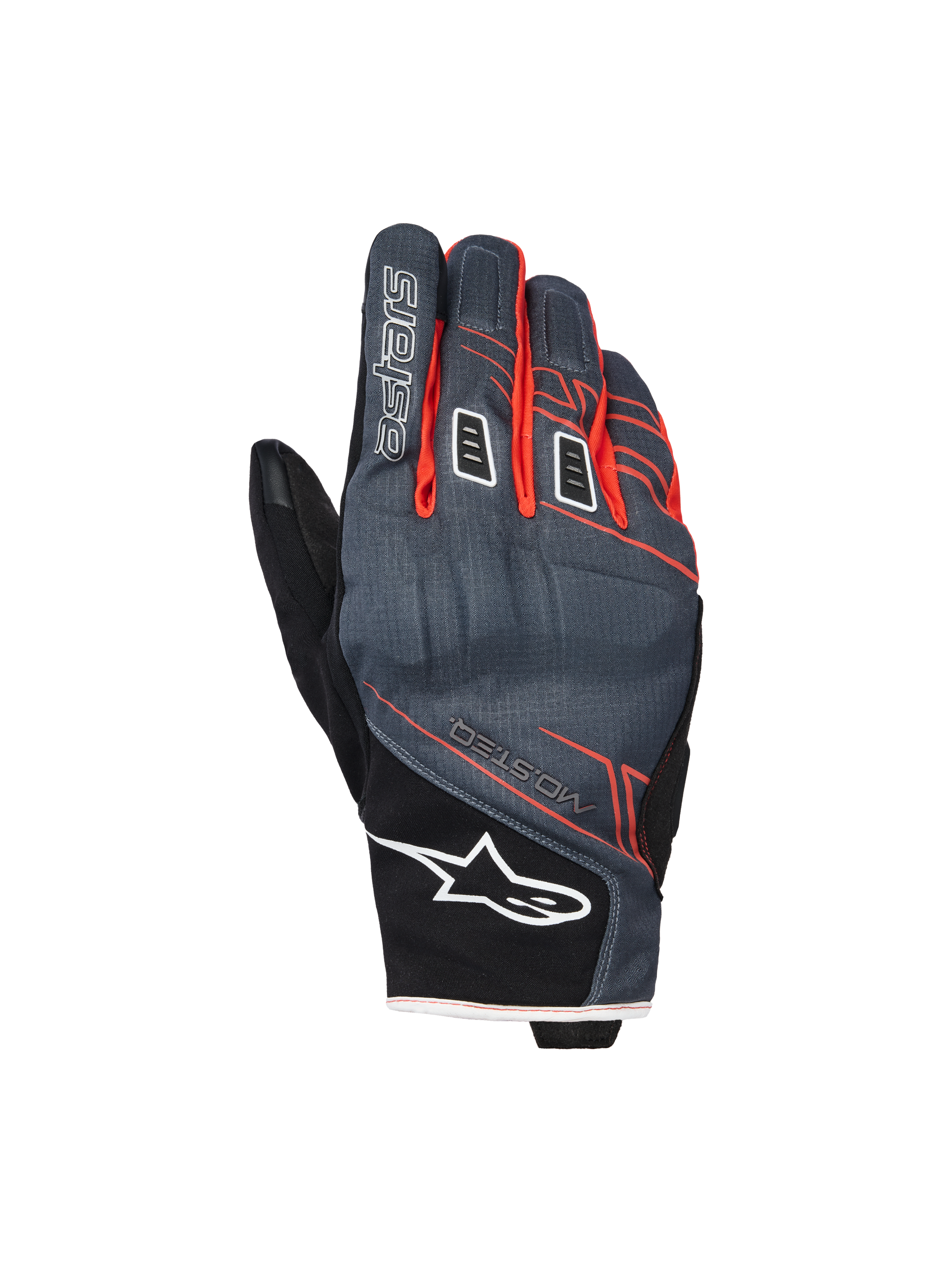 Alpinestars Moblast Waterproof Gloves, Motorcycle Gloves, Anthracite and Black with Orange accents, short-cuff design with red-orange linear graphics, white Alpinestars star logo on the cuff and 'astars' branding on the finger, technical textile backhand for all-weather protection
