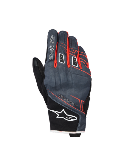 Alpinestars Moblast Waterproof Gloves, Motorcycle Gloves, Anthracite and Black with Orange accents, short-cuff design with red-orange linear graphics, white Alpinestars star logo on the cuff and 'astars' branding on the finger, technical textile backhand for all-weather protection