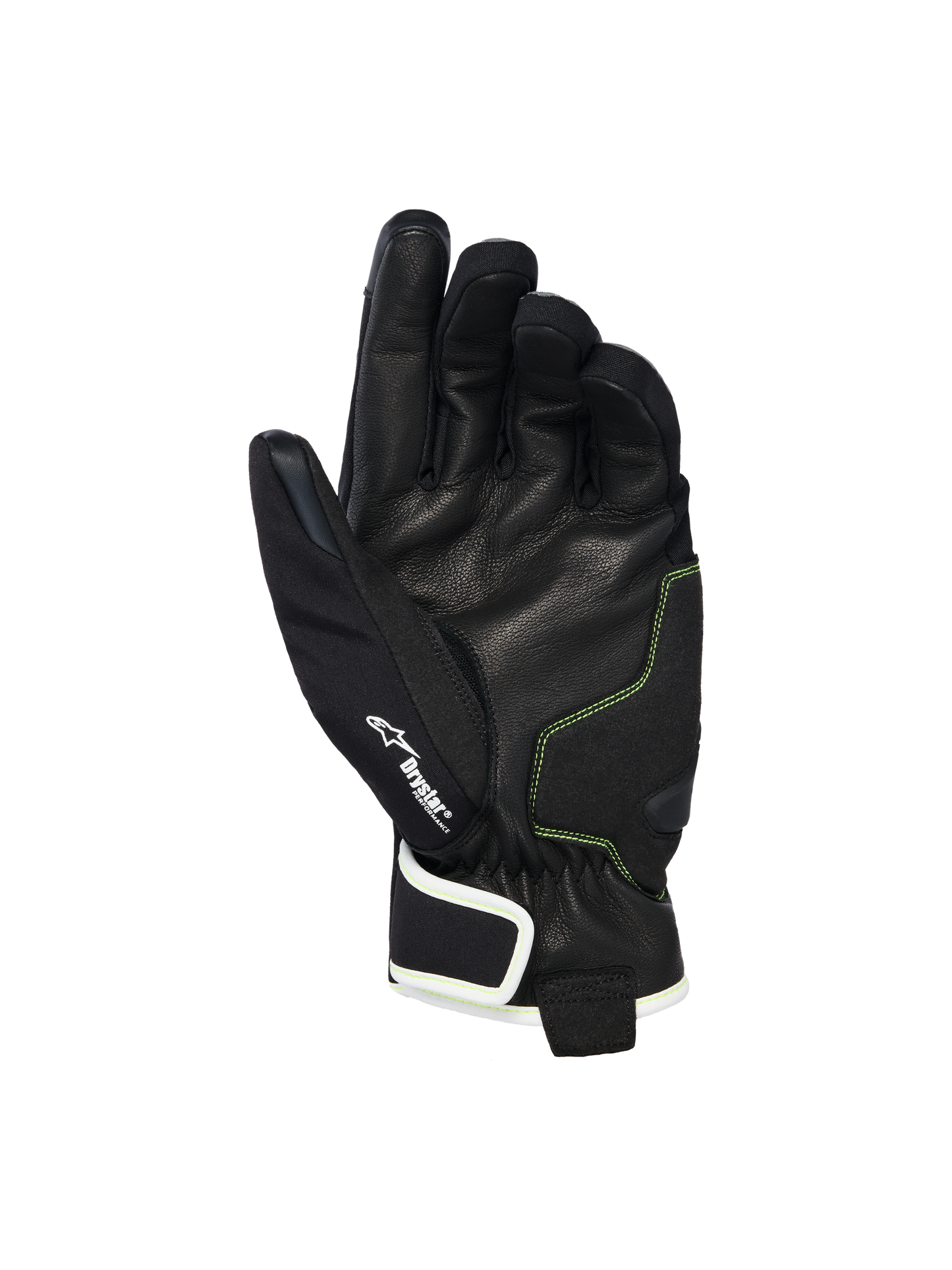 Alpinestars Moblast Waterproof Gloves, palm view showing black goat leather with Sulphur Yellow stitching, Drystar® logo detail, short-cuff motorcycle gloves designed for all-weather urban commuting
