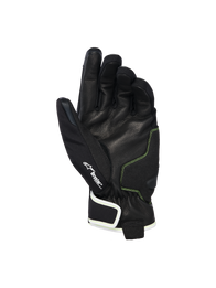 Alpinestars Moblast Waterproof Gloves, palm view showing black goat leather with Sulphur Yellow stitching, Drystar® logo detail, short-cuff motorcycle gloves designed for all-weather urban commuting