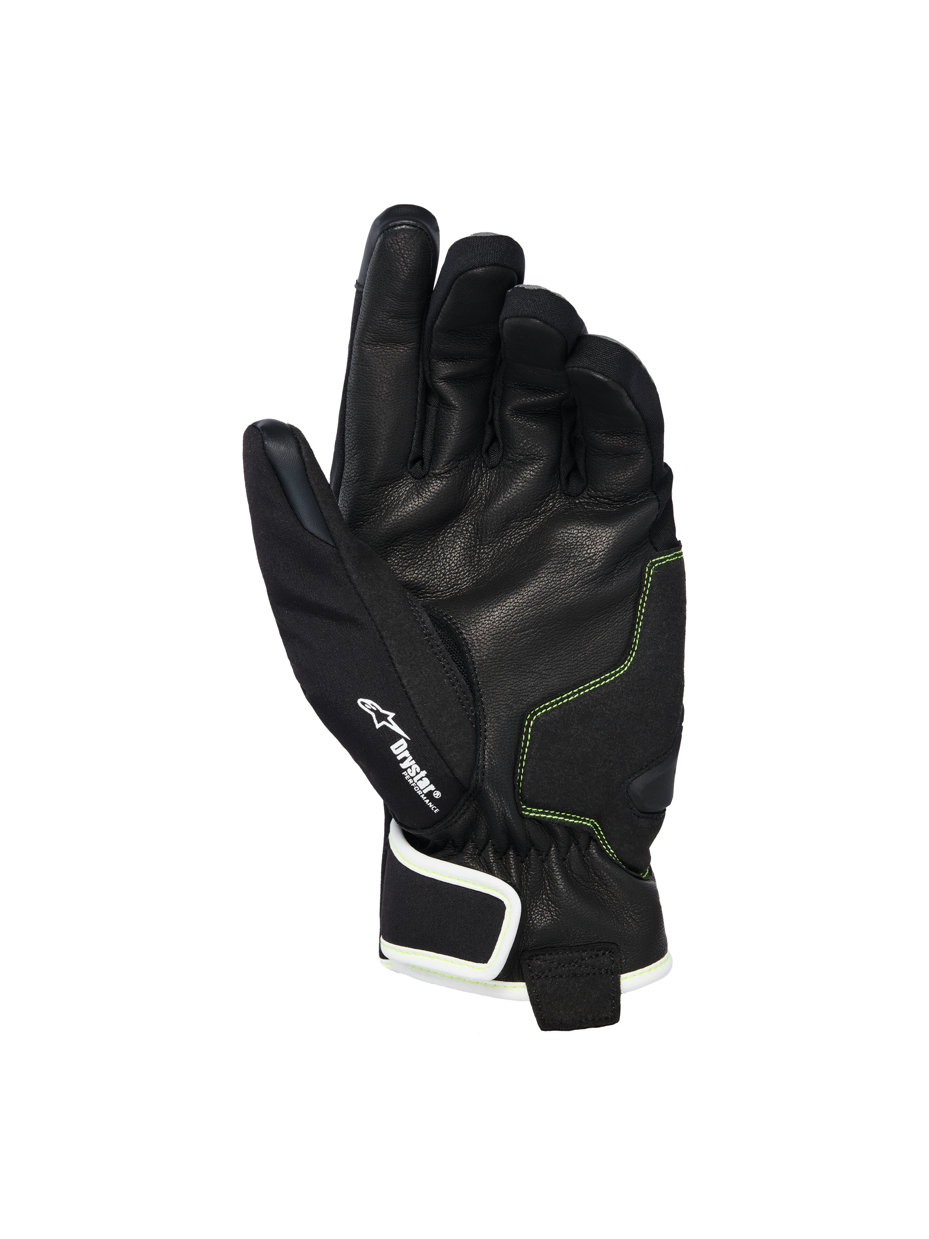 Alpinestars Moblast Waterproof Gloves, palm view showing black goat leather with Sulphur Yellow stitching, Drystar® logo detail, short-cuff motorcycle gloves designed for all-weather urban commuting